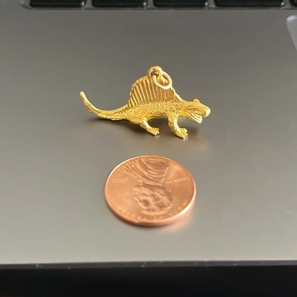 Shiny Gold Tone Dimetrodon Dinosaur Bracelet Charm, Necklace Pendant, Key Chain